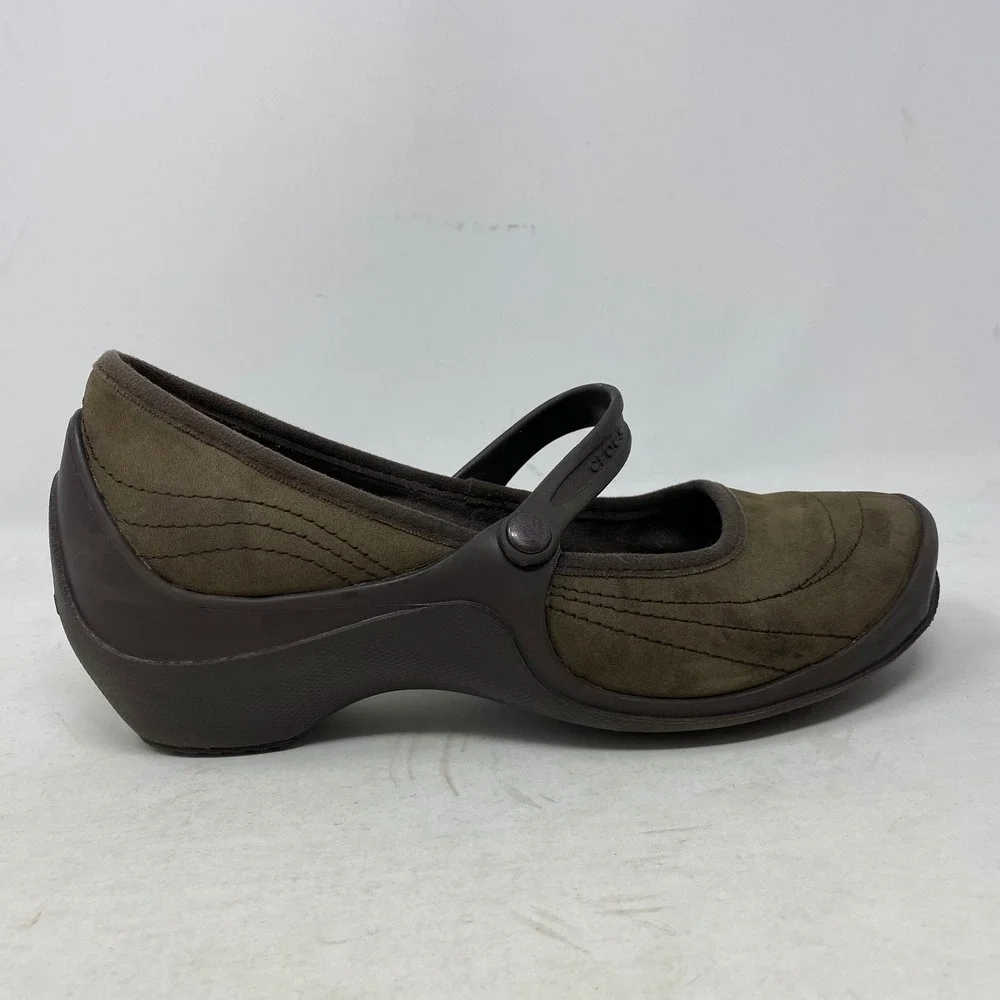 Crocs Womens Brown Nubuck Leather Mary Jane Wedge Shoes‎ Comfort 10889 Size 9